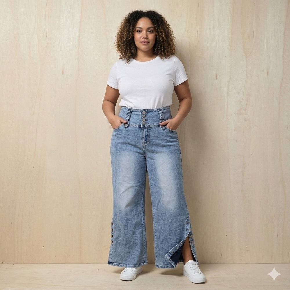 High Waisted Wide Leg Light Wash Side Slit Button Detail Jeans XL‎